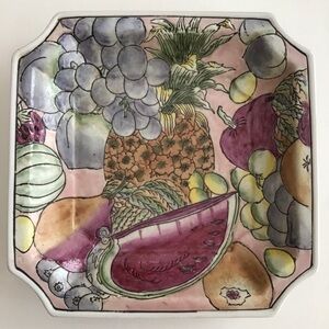 Pastel Fruits Pattern Square Dish Plate Grapes Pineapple Melons Pears Vintage